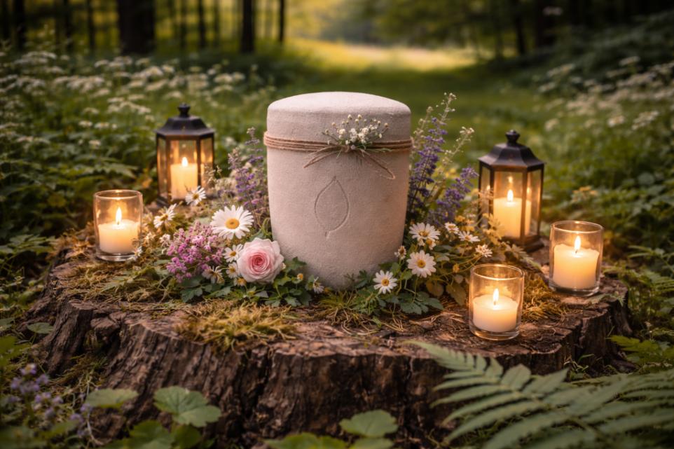 Biodegradable urn surrounded by flowers and glowing candles on a tree stump in a peaceful forest setting, symbolizing natural burial options at cemeteries Broken Arrow, OK.