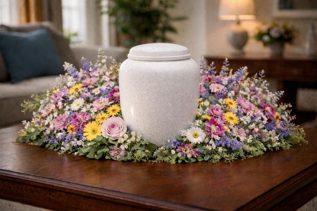 Elegant white cremation urn displayed on a wooden table surrounded by colorful floral arrangements in a peaceful indoor setting, reflecting memorial services offered at cemeteries Broken Arrow, OK.