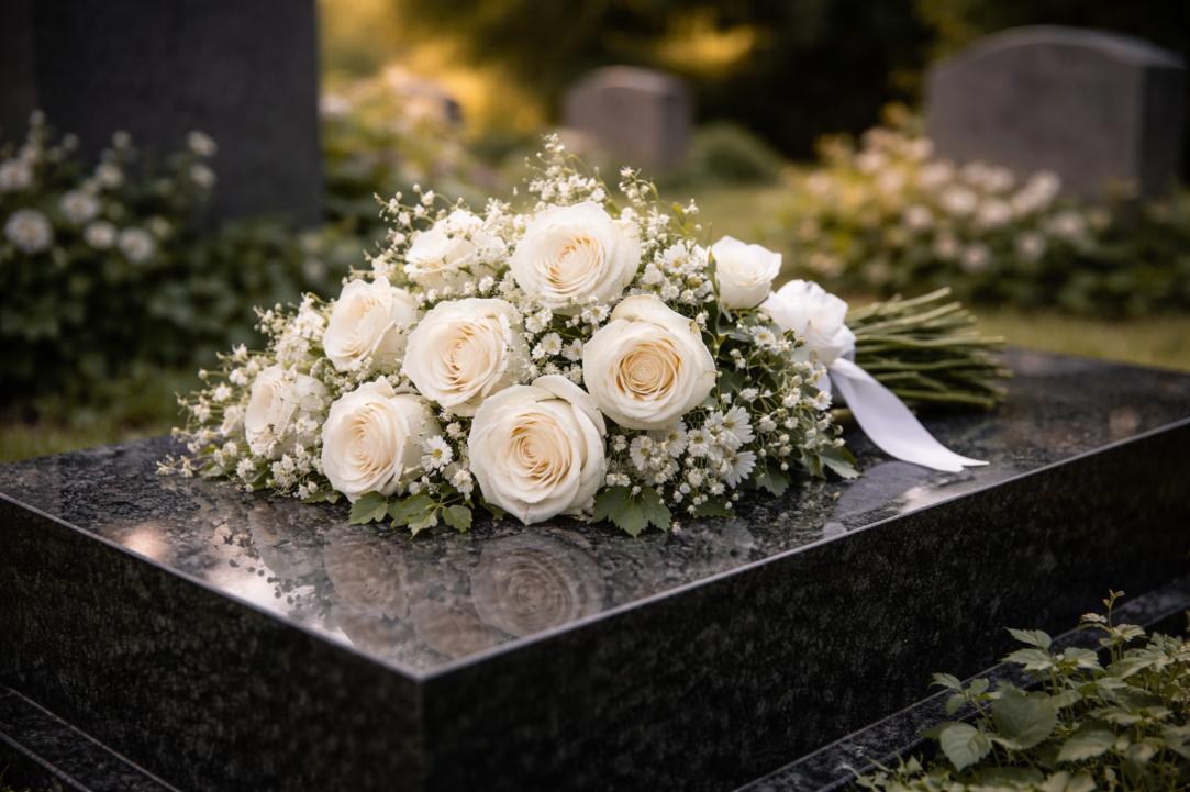 Bouquet of white roses and baby’s breath resting on a polished granite headstone in a serene garden setting, reflecting remembrance and care at cemeteries Glenpool, OK.