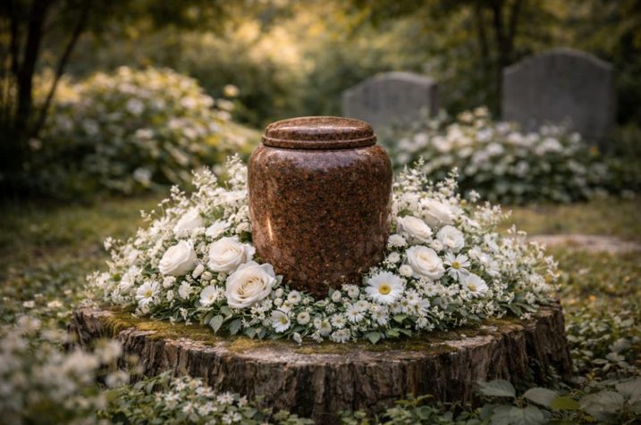 Granite cremation urn displayed on a tree stump surrounded by white roses and daisies in a peaceful garden setting, reflecting serene memorial spaces at cemeteries Glenpool, OK.