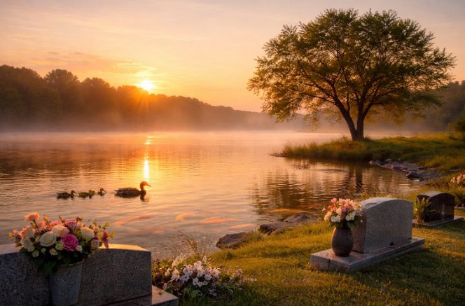 lakeside at sunrise with ducks gliding across calm water cemetery near Glenpool, OK