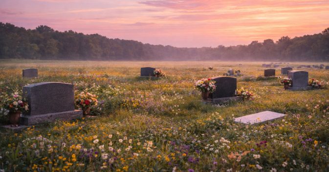 meadow with blooming wildflowers and scattered headstones cemetery near Broken Arrow, OK