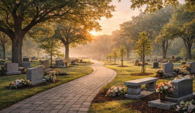 peaceful garden pathway with oak trees memorial park cemetery Tulsa, OK