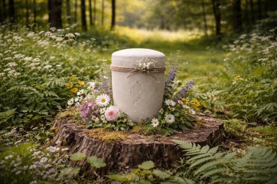 Eco-friendly biodegradable urn displayed on a tree stump in a peaceful forest clearing, surrounded by wildflowers and greenery, symbolizing natural burial options at cemeteries Tulsa, OK.