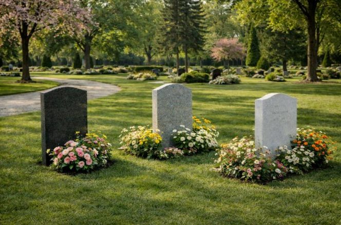 Three well-kept headstones surrounded by colorful flowers in a peaceful, tree-lined setting, representing beautifully maintained cemeteries Tulsa, OK.