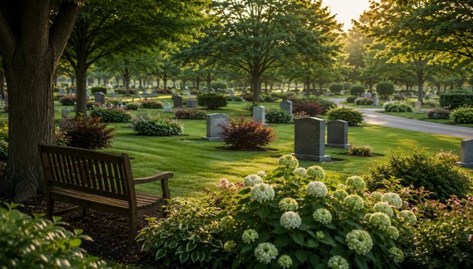 Cemetery in Tulsa, OK, with peaceful landscaped grounds, mature trees, walking paths, and memorial markers in a serene setting