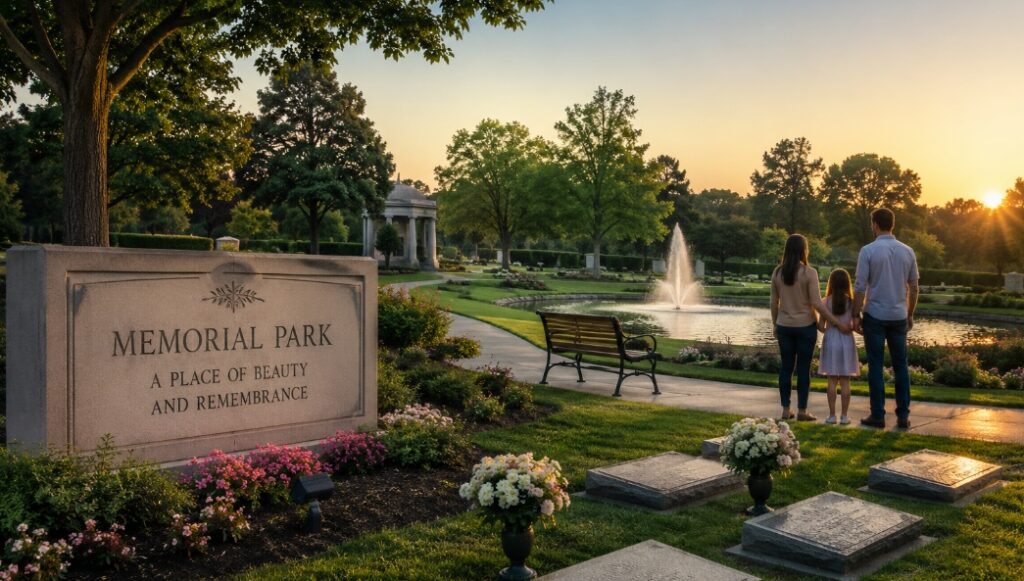 Memorial park cemetery in Tulsa, OK with landscaped grounds, memorial markers, and a peaceful setting