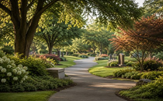 Memorial park cemetery near Glenpool, OK, featuring landscaped grounds, peaceful walking paths