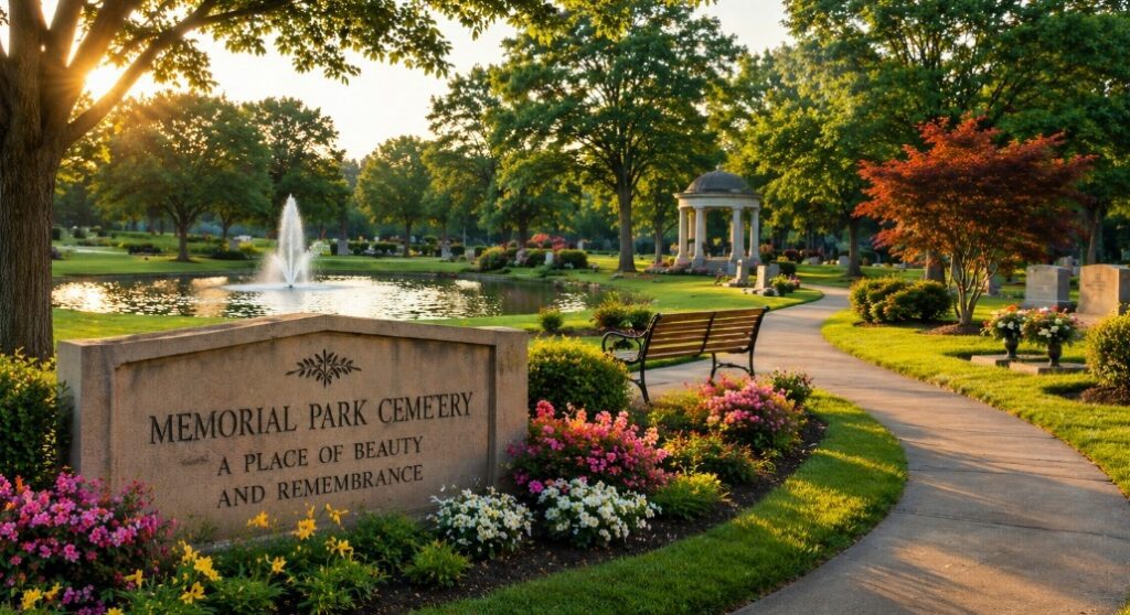 Peaceful cemetery near Broken Arrow, OK featuring landscaped grounds, walking paths, memorial markers