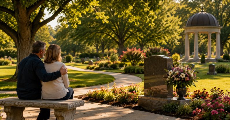 Cemetery in Tulsa, OK with a couple sitting on a bench overlooking a peaceful headstone and landscaped memorial gardens