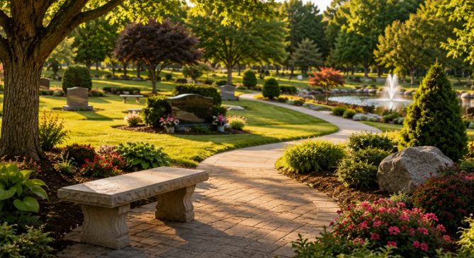 cemetery near Broken Arrow, OK with landscaped gardens, walking paths, benches, and memorial headstones