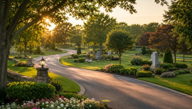 memorial park cemetery near Broken Arrow, OK, featuring landscaped gardens, winding pathways
