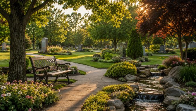 memorial park cemetery near Glenpool, OK, with landscaped gardens, winding walkways