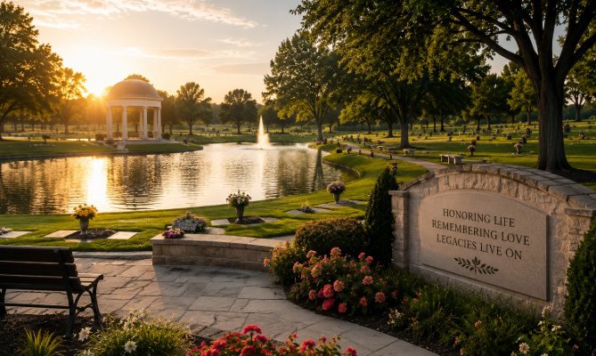 memorial park cemetery in Tulsa, OK with landscaped gardens.