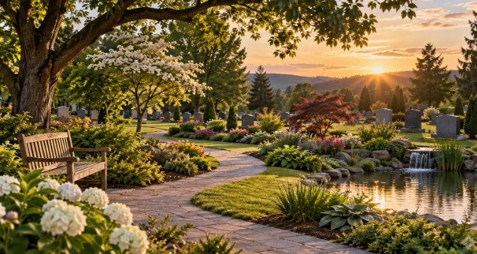 Peaceful landscaped memorial park cemetery near Broken Arrow, OK, with mature trees, colorful gardens, a winding pathway, pond, and welcoming natural scenery