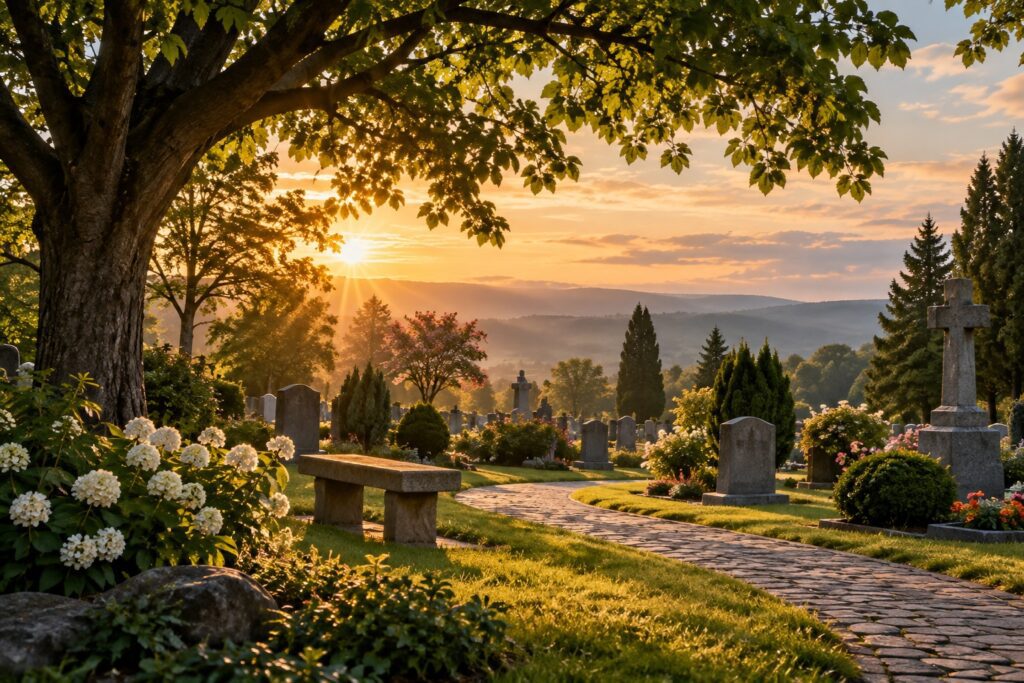 Quiet cemetery in Tulsa, OK, with a peaceful garden path, mature trees, flowers, and a stone bench offering a calm setting for reflection.