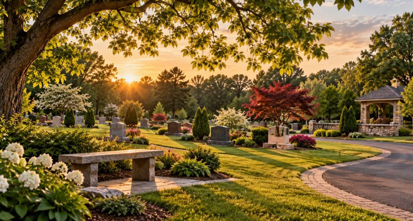 Well-maintained memorial park cemetery near Glenpool, OK, with landscaped grounds, mature trees, pathways, and peaceful memorial spaces